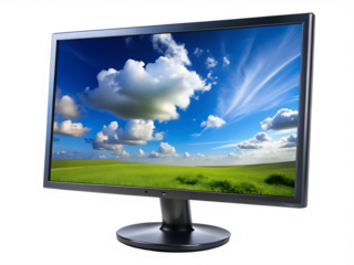 Computer Monitor with a Lush Green Landscape and Dramatic Sky display screen isolated on a transparent background
