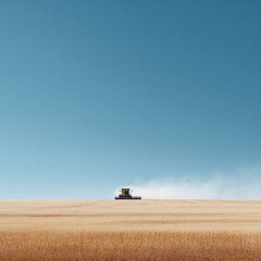 Naklejka premium Golden field meets endless sky. A combine harvester reaping the harvest in a vast, rural landscape. Evokes concepts of abundance, nature, and sustainable agriculture.