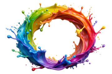 Swirling rainbow paint splash creating a circular frame on color vortex isolated on a transparent background