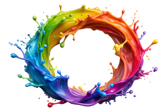 Swirling rainbow paint splash creating a circular frame on color vortex isolated on a transparent background