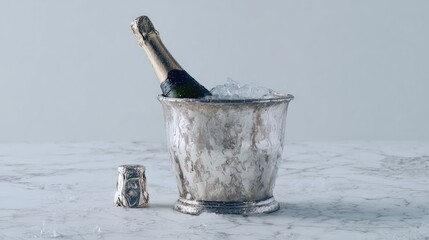 Elegant Ice Bucket with Sparkling Wine Bottle on Marble Surface Product Photography