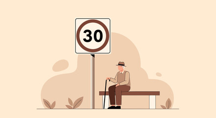 Elderly Man Resting On Bench Near A 30 Speed Limit Roadside Sign