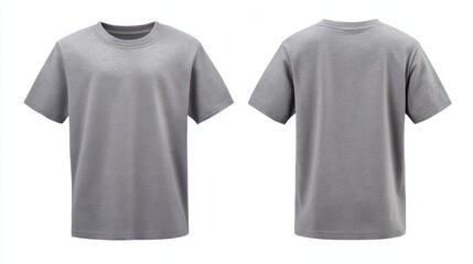 Stunning photo of blank gray kids t-shirt mockup front, back view. Isolated on white background. Studio shot of plain gray shirt. Casual attire. Empty template.