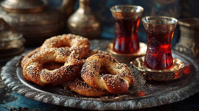 Traditional Turkish simit bread rings sprinkled sesame seeds served with black tea in tulip glasses
