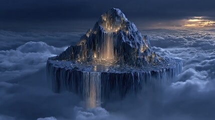 A Nighttime Aerial View of a City Situated on a Mountain Island Within a Sea of Clouds, Illuminated by Warm Lights and Featuring a Majestic Waterfall