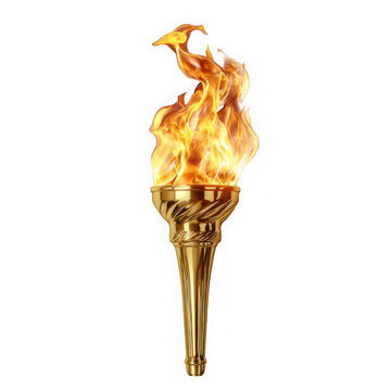 Golden olympic torch with burning flame isolated on transparent background, a symbol of competition, sport, and ancient tradition, representing victory and triumph