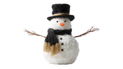 Snow man with top hat scarf isolated on white background 