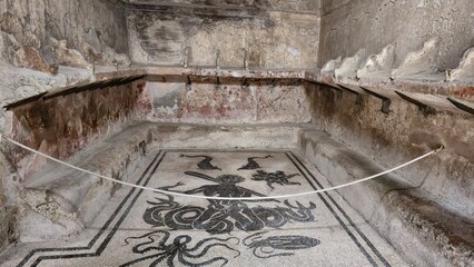 Herculaneum, Italy - 9 January 2025. Public bathhouse with U-shaped stone shelves and a central mosaic of marine figures, including Triton, dolphins, and an octopus.