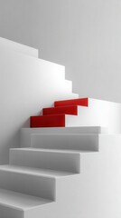 Stunning photo of abstract 3D render shows stairs. White steps lead upward. Red step stands out as next step. Modern design emphasizes progress, success. Blank space for product.