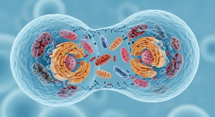 Detailed 3D illustration of a eukaryotic cell dividing through mitosis, showing the final stage of cytokinesis and organelles.