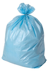Fototapeta premium Blue plastic trash bag filled and tied, full garbage sack isolated on transparent background for cleaning concepts