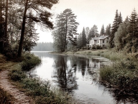 Tranquil lake house scene