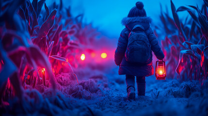 Fototapeta premium Enchanting night stroll: child with radiant lantern illuminates surreal field of frost-covered plants under mesmerizing blue glow.