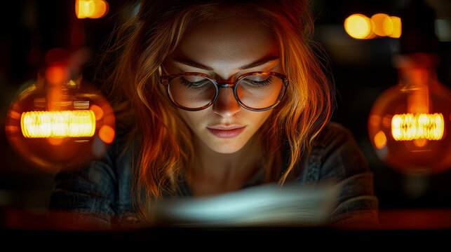 Intimate portrait of focused woman wearing glasses, illuminated by soft glow of book and warm ambient light bulbs, creating cozy evening reading atmosphere