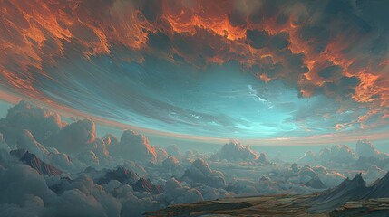 A Panoramic View of a Dramatic Sunset Over a Mountain Range, Featuring Vibrant Hues in the Sky, with a Serene and Peaceful Atmosphere. The cloudscape