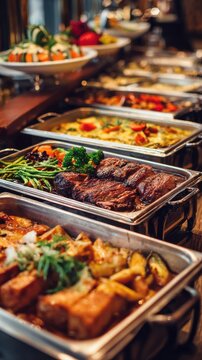 Stunning photo of catering buffet food in restaurant or cafe with meat and vegetables.