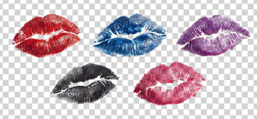 Vector set of lipstick kiss smudge isolated on transparent background.
