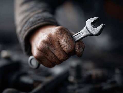 A gritty hand firmly grasps a wrench, symbolizing hard work, dedication, and skilled craftsmanship. Perfect for industry, automotive, or DIY themes. Powerful and authentic.