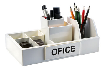 White office desk organizer with pens and stationery on a white background Keywords: office isolated on a transparent background