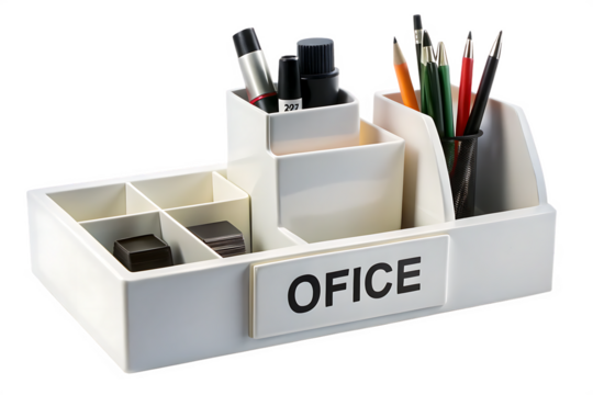 White office desk organizer with pens and stationery on a white background Keywords: office isolated on a transparent background