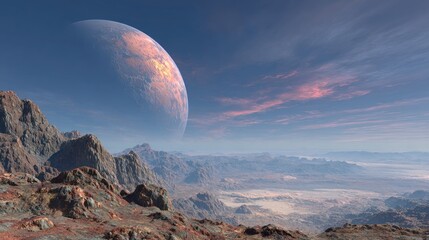 A Panoramic View Of An Alien Planet's Landscape A Detailed Depiction Of A Rocky Desert Under A Vibrant Sunset Sky With A Large Orange And Pink Planet