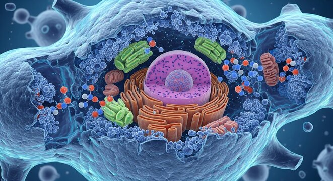 Scientific illustration of a eukaryotic cell structure, a detailed cross-section showing the anatomy of an animal cell with its organelles.