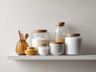 Minimalist kitchen shelf with glass jars and wooden utensils. Clean, bright, and organized pantry storage. Represents home, cooking, simplicity, and sustainable living.