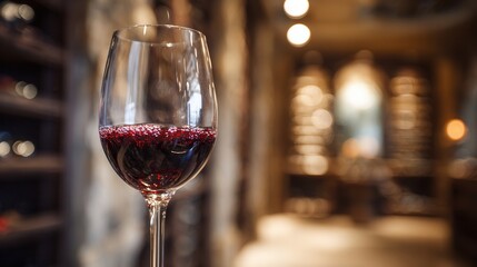 A close-up of a glass of red wine on a wooden table. The background features a wine cellar with shelves filled with bottles.