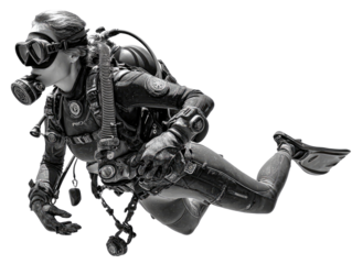 Black and white scuba diver in dynamic underwater pose