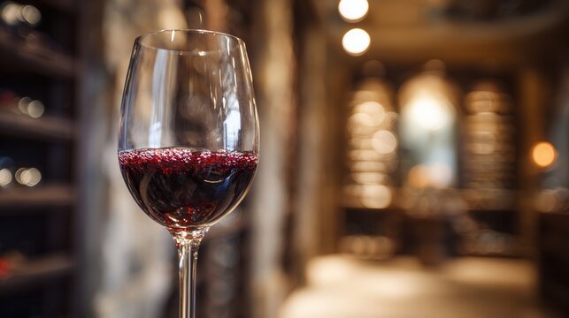 A close-up of a glass of red wine on a wooden table. The background features a wine cellar with shelves filled with bottles.