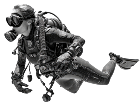 Black and white scuba diver in dynamic underwater pose