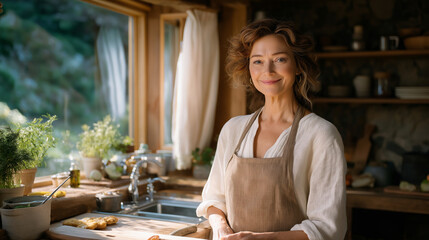 A woman chopping vegetables in a cozy kitchen with natural light