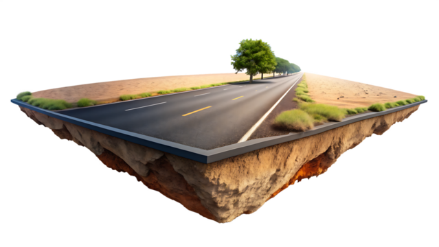 Floating island with asphalt road lined by trees and grass highway isolated on a transparent background