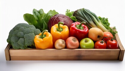 vegetables and fruits in wooden box isolated on white background
