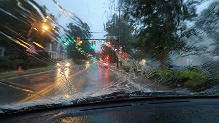 Obraz premium Rainy Night City Street Driving View Blurry Night Traffic, Wet Windshield, Motion Blur, And Streetlights