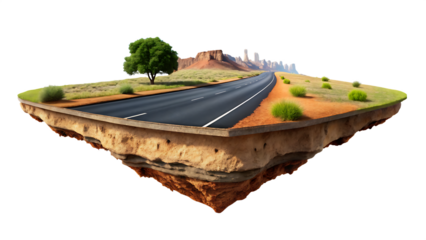 Floating island with desert road, lone tree, and distant city highway asphalt isolated on a transparent background