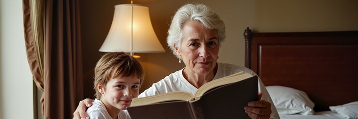 Elderly woman reading a book to a young boy in cozy bedroom setting, Concept of International Older Persons Day  