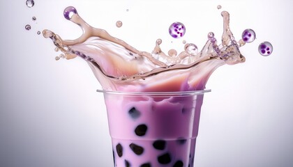taro milk tea with splash purple taro bubble tea in a clear cup with dynamic splash on white background