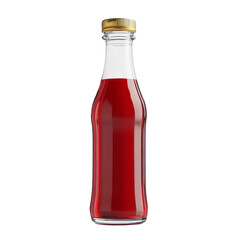 Glass bottle filled with red liquid and gold cap on transparent background