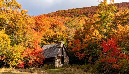 Autumn cabin nestled in mountains