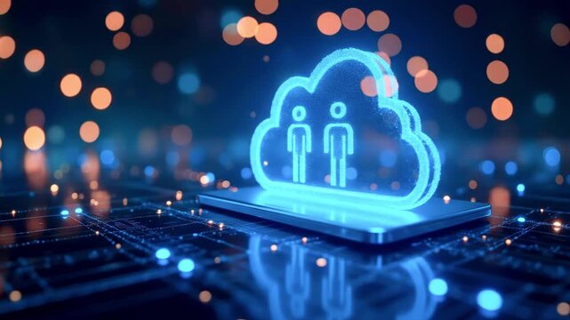 Digital representation of cloud computing with human icons, set against a futuristic background