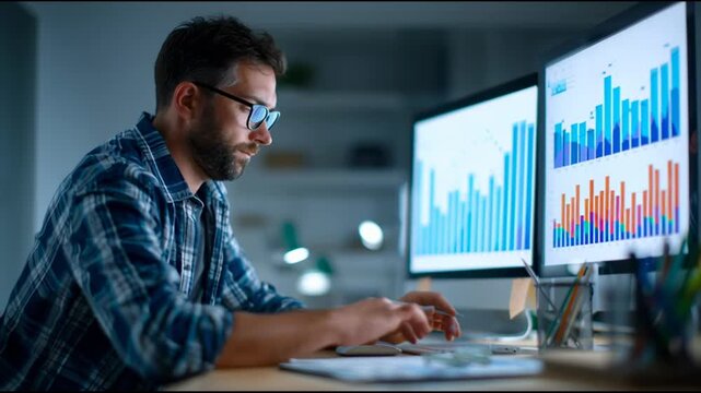 Professional man reviewing charts and financial data on a monitor in an office setting, capturing high-level strategic analysis. - Powered by Adobe