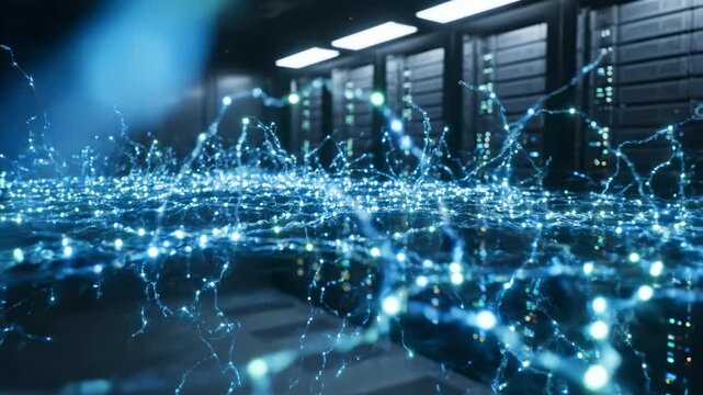 Blue digital plexus of network nodes and data streams in a high-tech server farm background