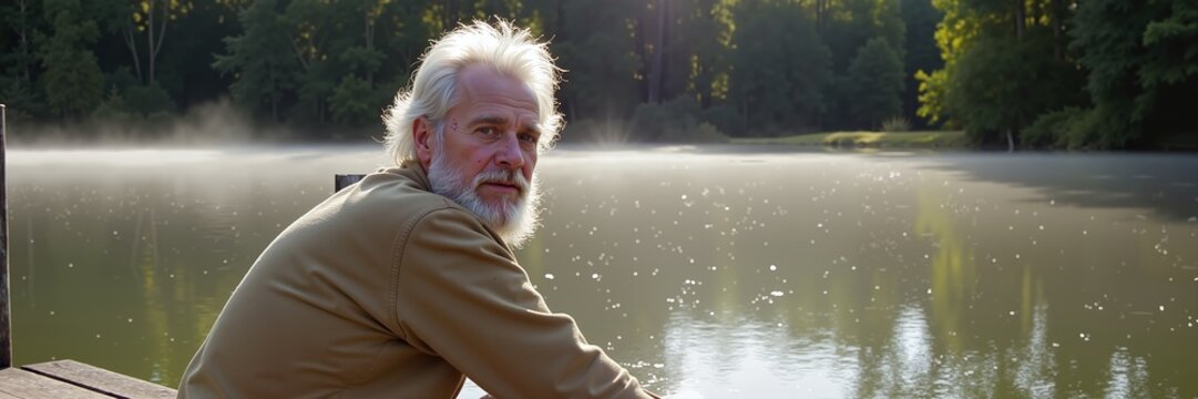 Elderly man sitting by the calm lake enjoying nature at sunrise, Concept of International Older Persons Day - Powered by Adobe