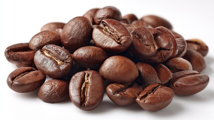 Obraz premium Close Up View Of Roasted Coffee Beans On A White Surface Rich Color, Detailed Texture, And Aromatic Appeal Of Freshly Roasted Coffee Beans Ideal For