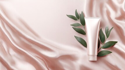 Elegant Rose Gold Cosmetic Tube On Soft Pink Satin Fabric With Green Leaves Luxurious Skincare Product Packaging Mockup