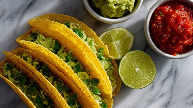 gourmet taco presentation, stylish tacos on marble with lime, chili, guac, and salsa look like a fashion spread, shot with magazine lighting and shadows