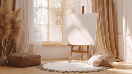 A Peaceful Beige And White Room Interior Featuring A Blank Canvas On An Easel Bathed In Soft Sunlight Streaming Through Sheer Curtains Near A White