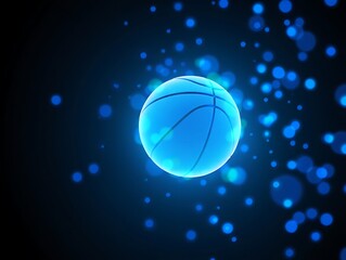Fototapeta premium Glowing Blue Basketball Suspended in a Field of Bubbling Particles on a Dark Background