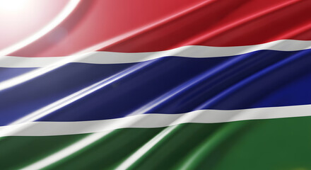 Close-up view of the Gambia flag, showing the vibrant colors and waving fabric.